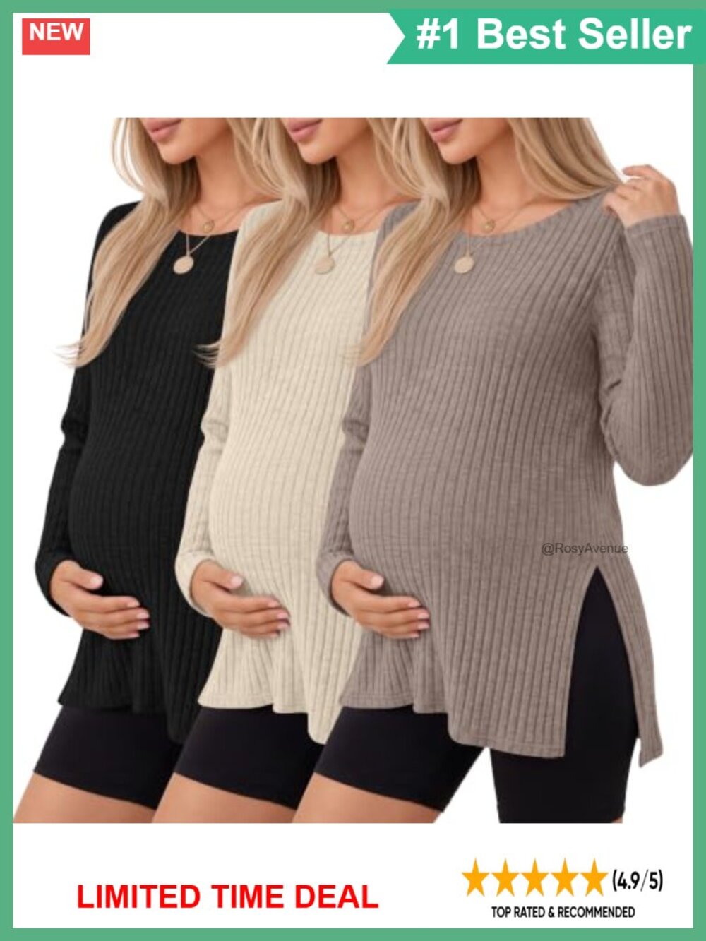3 Pack Women's Ribbed Maternity Long Sleeve Scoop Neck Shirts